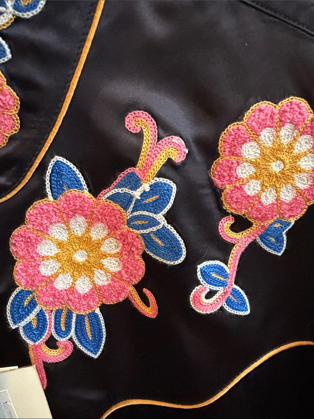 THE GREAT. Black Embroidered Silk Western Blouse with Pink Floral Accents - Picture 4 of 6